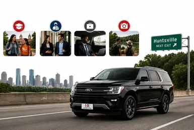 Black Ford Expedition providing Houston to Huntsville transportation for students, university professionals, business travelers, and leisure visitors, featuring Lavish Ride branding.