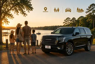 Family enjoying a lakeside sunset at Lake Livingston beside a luxury chauffeured SUV, highlighting comfortable transportation for leisure travel and family getaways.