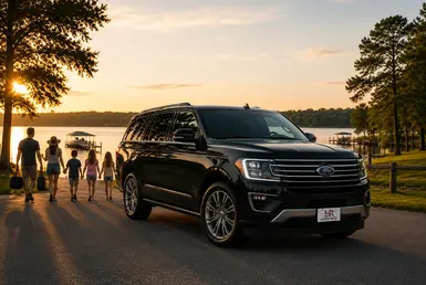 Black Ford Expedition providing family and leisure transportation between Houston and Livingston, featuring Lavish Ride branding, families visiting Lake Livingston, waterfront recreation, and comfortable private travel.