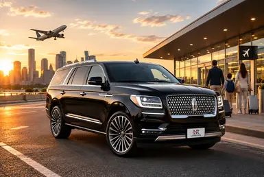 Black Lincoln Navigator providing airport transfers between Houston and Livingston, featuring Lavish Ride branding, airport terminals, arriving flights, and luxury chauffeured transportation to Lake Livingston and East Texas destinations.