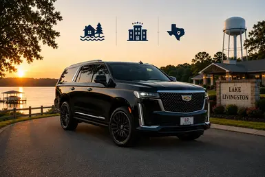Cadillac Escalade at Lake Livingston serving waterfront communities, vacation rentals, resorts, and East Texas travel connections with luxury private transportation.