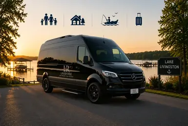 Luxury Mercedes Sprinter van at Lake Livingston providing transportation for families, vacation homeowners, outdoor enthusiasts, and private group travel.