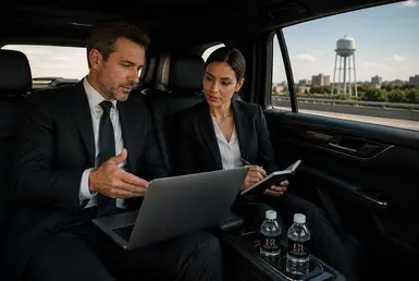 Business executive and female assistant collaborating in the rear cabin of a luxury chauffeured SUV during corporate travel between Houston and Longview, with Lavish Ride branded bottled water providing a premium onboard experience.