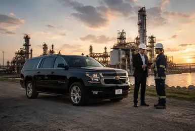 Luxury SUV providing executive transportation to an industrial facility as a business executive and energy professional discuss operations near a refinery during travel between Houston and Longview.