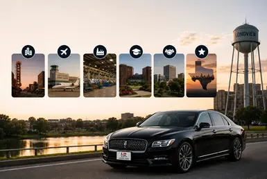 Black Lincoln Continental serving Longview destinations, including Downtown Longview, East Texas Regional Airport, LeTourneau University, industrial facilities, and Texas business travel connections, featuring Lavish Ride branding.