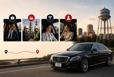 Black Mercedes-Benz S-Class providing Houston to Longview transportation for executives, industrial professionals, healthcare travelers, and personalized private travel, featuring Lavish Ride branding.