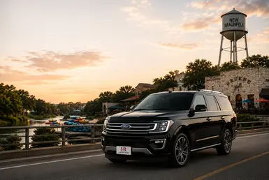 Black Ford Expedition providing family and leisure transportation to New Braunfels, featuring Lavish Ride branding, the Comal River, Gruene Historic District, and luxury private travel.