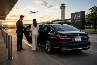 Professional chauffeur assisting an elegantly dressed traveler into a luxury BMW 7 Series outside Houston Airport for a premium transfer to New Braunfels.