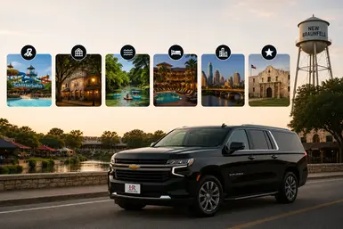 Black Chevrolet Suburban serving New Braunfels destinations, including Schlitterbahn Waterpark, Gruene Historic District, Comal and Guadalupe Rivers, resorts, hotels, and Central Texas travel connections, featuring Lavish Ride branding.