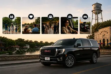 Black GMC Yukon providing Houston to New Braunfels transportation for families, couples, wedding guests, and travelers seeking flexible private transportation, featuring Lavish Ride branding.