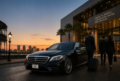 Executive and corporate transportation in New Orleans featuring a luxury Mercedes-Benz sedan outside a convention center with business travelers.