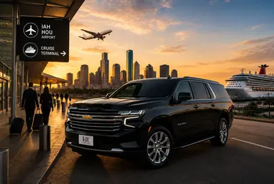 Luxury SUV providing seamless airport and cruise port transportation, with travelers arriving at the terminal as an aircraft departs and a cruise ship awaits departure.