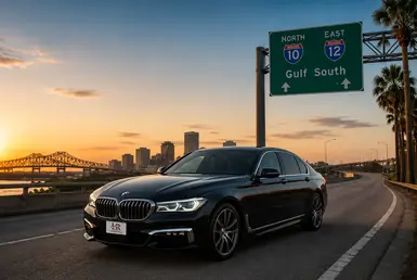 Gulf South business and interstate transportation featuring a luxury BMW 7 Series sedan traveling between major Gulf Coast business destinations.