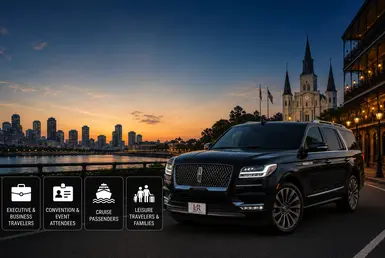 Luxury Lincoln Navigator transportation for business travelers, convention attendees, cruise passengers, and families traveling between Houston and New Orleans.