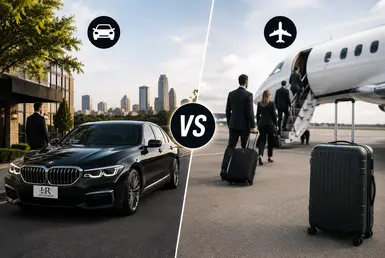 Private transportation vs flying comparison featuring a BMW Sedan, highlighting the benefits of door-to-door luxury travel between Houston and New Orleans.