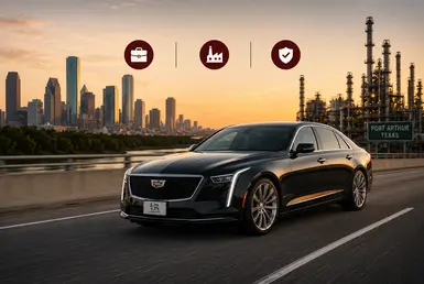 Luxury Cadillac sedan traveling between the Houston skyline and Port Arthur refinery, with industrial-themed icons highlighting executive transportation, energy industry travel, and secure chauffeured service.