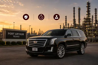 Black Cadillac Escalade providing transportation to Port Arthur refineries and petrochemical facilities, featuring Lavish Ride branding, industrial energy infrastructure, and professional chauffeured service.