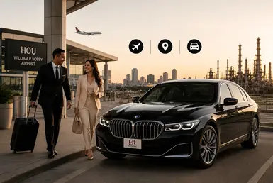 Black BMW 7 Series at Houston Hobby Airport with a professional chauffeur assisting a traveler with luggage, providing private transportation to Port Arthur and featuring Lavish Ride branding.