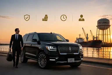 Black Lincoln Navigator providing private transportation between Houston and Port Lavaca, highlighting comfort, privacy, schedule flexibility, professional chauffeurs, and reliable luxury travel, featuring Lavish Ride branding and waterfront port scenery.