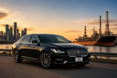 Black Lincoln Continental providing energy and industrial transportation between Houston and Port Lavaca, featuring Lavish Ride branding, refinery facilities, port operations, industrial infrastructure, and executive chauffeured service.