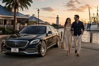 Luxury Maybach sedan parked along the Port Lavaca waterfront as a smiling couple enjoys a relaxing coastal stroll near the marina and lighthouse.