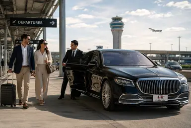 Luxury chauffeur welcoming smiling travelers at Houston airport beside a premium sedan with the official Lavish Ride logo on the license plate, ready for a private transfer to Port Lavaca.