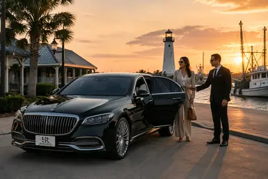 Luxury Maybach sedan with the official Lavish Ride logo parked along the Port Lavaca waterfront as a professional chauffeur welcomes a guest near the marina and lighthouse at sunset.