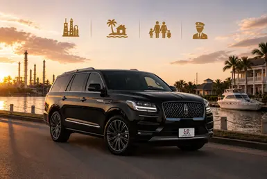 Houston intercity luxury transportation fleet featuring a Cadillac sedan, Ford Expedition SUV, Lincoln Navigator SUV, and Mercedes Sprinter van with professional chauffeurs.