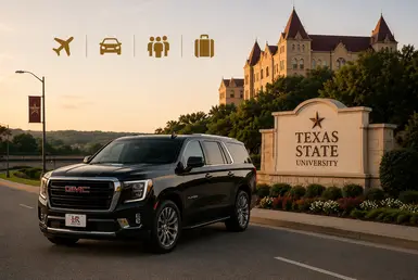 Black GMC Yukon providing transportation to Texas State University in San Marcos, featuring Lavish Ride branding, university landmarks, and private chauffeured service.