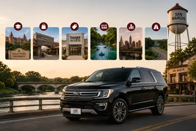 Black Ford Expedition serving San Marcos destinations, including Texas State University, San Marcos Premium Outlets, Tanger Outlets, the San Marcos River, and Central Texas travel connections, featuring Lavish Ride branding.