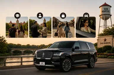 Black Lincoln Navigator providing Houston to San Marcos transportation for students, university visitors, shoppers, and travelers seeking flexible private transportation, featuring Lavish Ride branding.