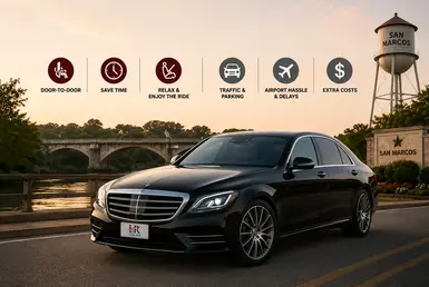 Black Mercedes-Benz S-Class comparing private transportation with driving and flying, highlighting door-to-door service, time savings, comfort, and a stress-free travel experience, featuring Lavish Ride branding.