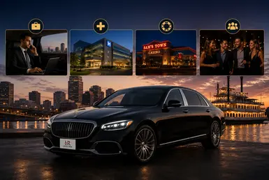Black Mercedes-Maybach providing luxury transportation for popular Shreveport travel scenarios, including casino visits, business meetings, weekend getaways, special events, and personalized private travel, featuring Lavish Ride branding.