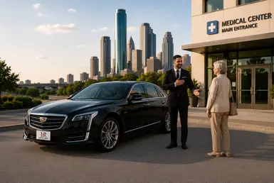 Non-emergency medical transportation featuring a professional chauffeur welcoming a passenger beside a luxury Cadillac sedan outside a medical facility for a comfortable city-to-city journey.