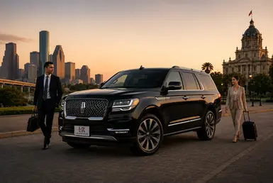Black Lincoln Navigator providing Houston to Victoria transportation for business professionals, healthcare travelers, and government personnel, featuring Lavish Ride branding and luxury chauffeured service.