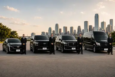 Houston intercity luxury transportation fleet featuring a Cadillac sedan, Ford Expedition SUV, Lincoln Navigator SUV, and Mercedes Sprinter van with professional chauffeurs.