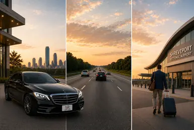 Three-panel comparison showing private chauffeur service, highway driving, and Shreveport Regional Airport travel, highlighting transportation options between Houston and Shreveport with a luxury sedan featuring the official Lavish Ride logo.