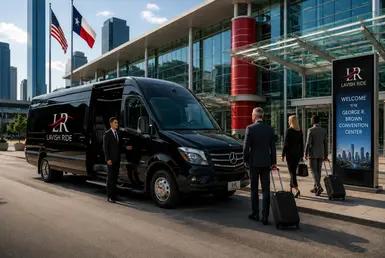 Luxury Mercedes-Benz Sprinter van transportation for conferences, trade shows, and corporate events at George R. Brown Convention Center in Downtown Houston with Lavish Ride branding.