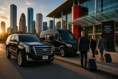 Executive transportation service for Houston conventions at George R. Brown Convention Center featuring Cadillac Escalade and Mercedes-Benz Sprinter luxury chauffeur transportation with Lavish Ride branding.