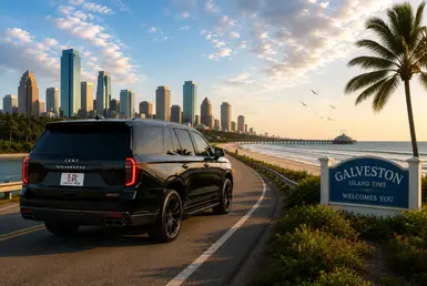 Luxury black Chevrolet Suburban 2026 providing coastal travel services along the Southern Houston and Gulf Coast highway near Galveston Island with Lavish Ride branding, beach scenery, and Houston skyline in the background.