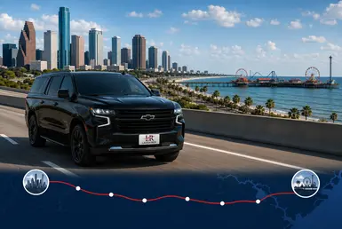 Black Chevrolet Suburban luxury SUV with Lavish Ride branded license plate driving along Houston’s Gulf Coast Corridor highway toward Galveston Island with coastal views, skyline, and premium transportation service graphics.