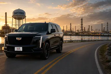 Black Cadillac Escalade 2026 with Lavish Ride logo license plate driving through Baytown industrial waterfront area at sunset, representing premium luxury transportation and chauffeur services in Baytown, Texas.
