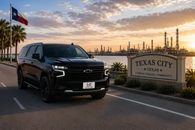 Black Chevrolet Suburban luxury SUV with Lavish Ride branded license plate driving along the Texas City waterfront near coastal industrial facilities and palm-lined roads, representing premium Texas City and Gulf Coast transportation services.