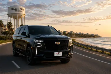 Black Cadillac Escalade luxury SUV driving along a scenic Gulf Coast beach highway with palm trees, coastal views, and upscale waterfront surroundings, representing premium Beach City transportation services along the Texas Gulf Coast.