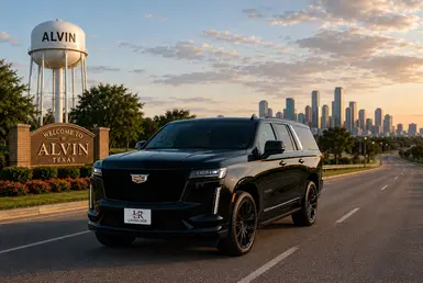 Black Cadillac Escalade luxury SUV with Lavish Ride branded license plate driving through Alvin and Southern Houston suburban roads with Houston skyline in the background.