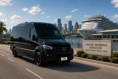 Black 2026 Mercedes-Benz Sprinter van  parked near a Houston cruise terminal with a large cruise ship and downtown skyline in the background, representing luxury cruise and coastal transportation services from Houston to Gulf Coast destinations.