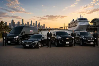 Black 2026 Mercedes-Benz Sprinter van  parked near a Houston cruise terminal with a large cruise ship and downtown skyline in the background, representing luxury cruise and coastal transportation services from Houston to Gulf Coast destinations.