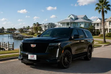 Luxury Cadillac Escalade in a waterfront Gulf Coast community with the official Lavish Ride logo on the license plate.