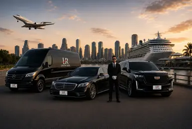 Lavish Ride luxury fleet with chauffeur, executive sedan, SUV, and Sprinter van at Houston's waterfront with a cruise ship and private jet in the background.