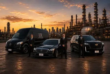Lavish Ride luxury fleet with chauffeurs, executive sedan, SUV, and Sprinter van at a Houston refinery during sunset.